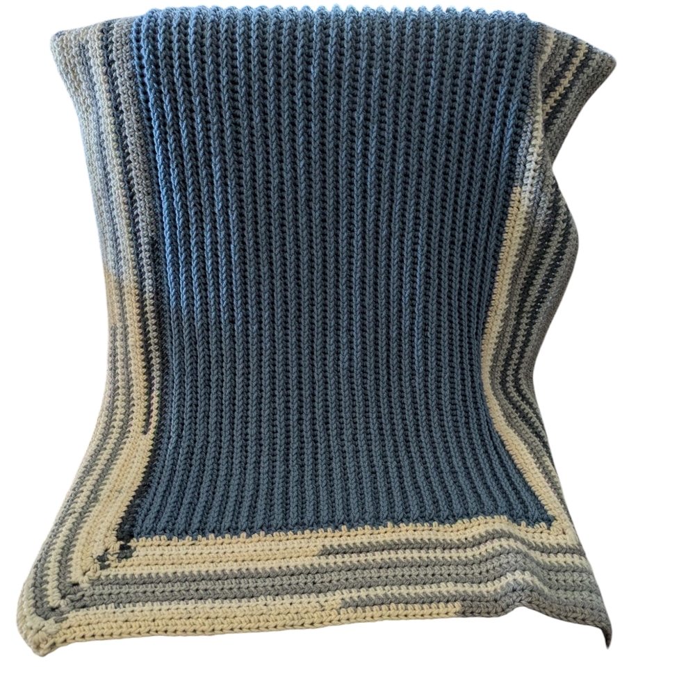 Handmade Crochet Blue and Gray Ribbed Blanket with Contrasting Borders